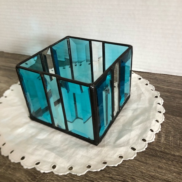 Handmade Teal Stained Glass Square Candle Holder - Picture 4 of 11